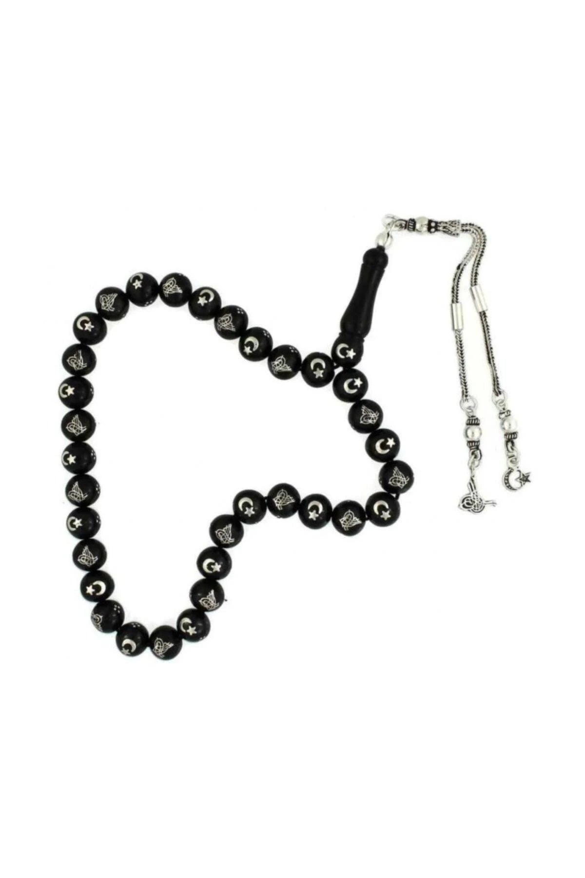Certified Erzurum Oltu Stone Tasbih with Tughra & Star-and-Crescent Silver Inlay