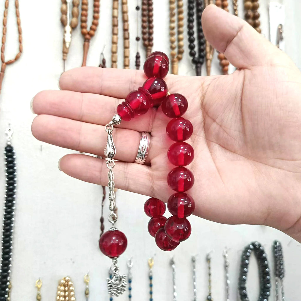 Pressed Amber Efe Tasbih, Red, 15mm