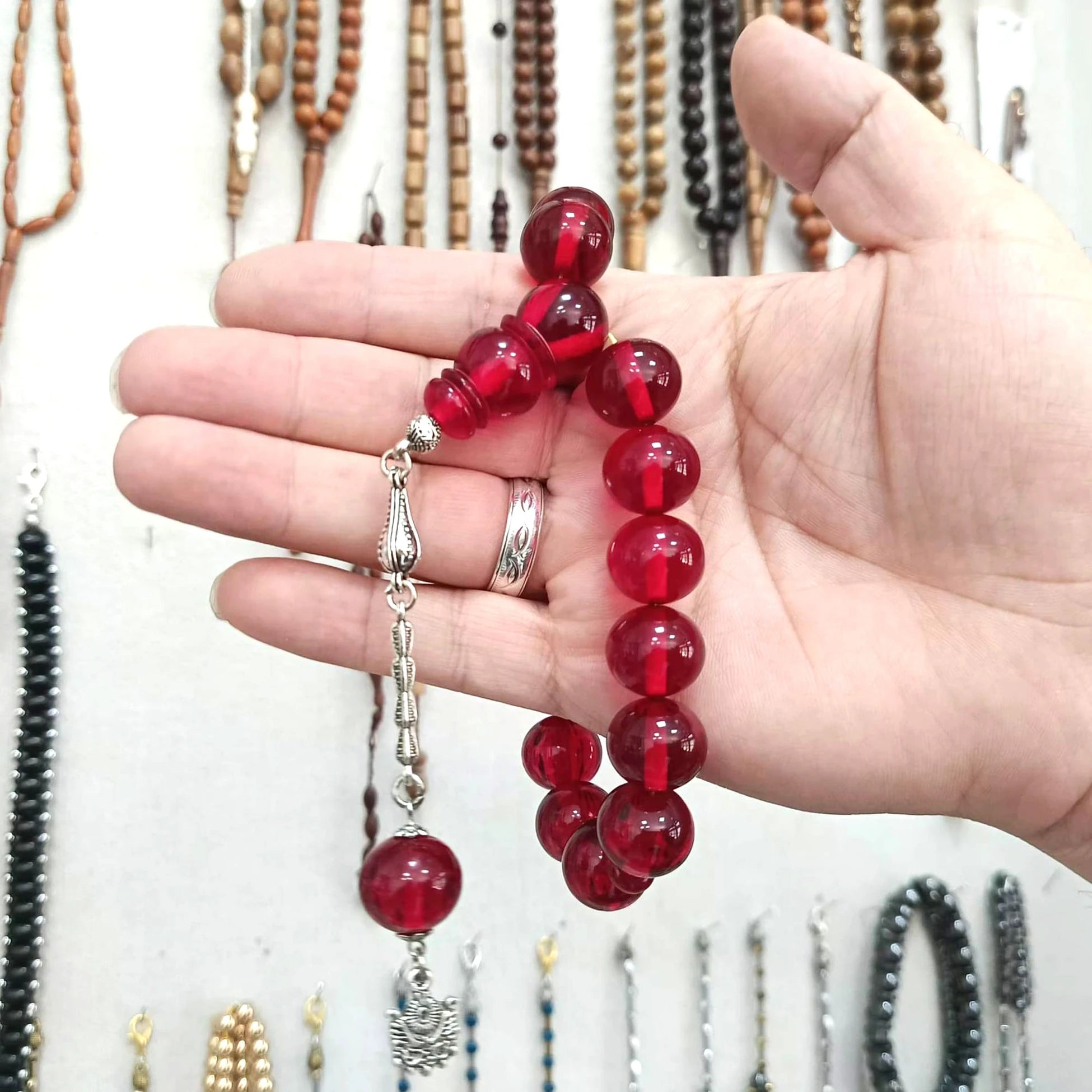 Pressed Amber Efe Tasbih, Red, 15mm