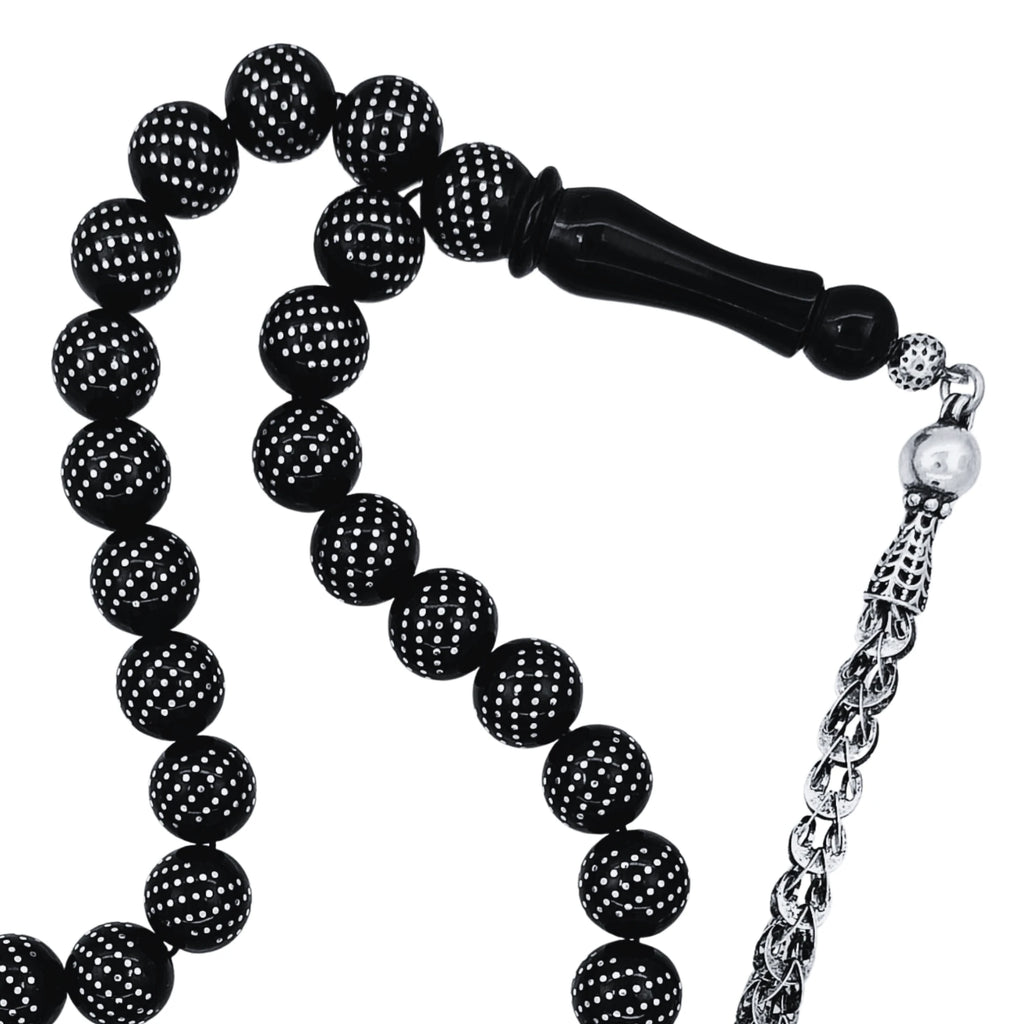Certified Erzurum Oltu Stone Tasbih with Dense Twist-Pattern Silver Inlay, 10mm