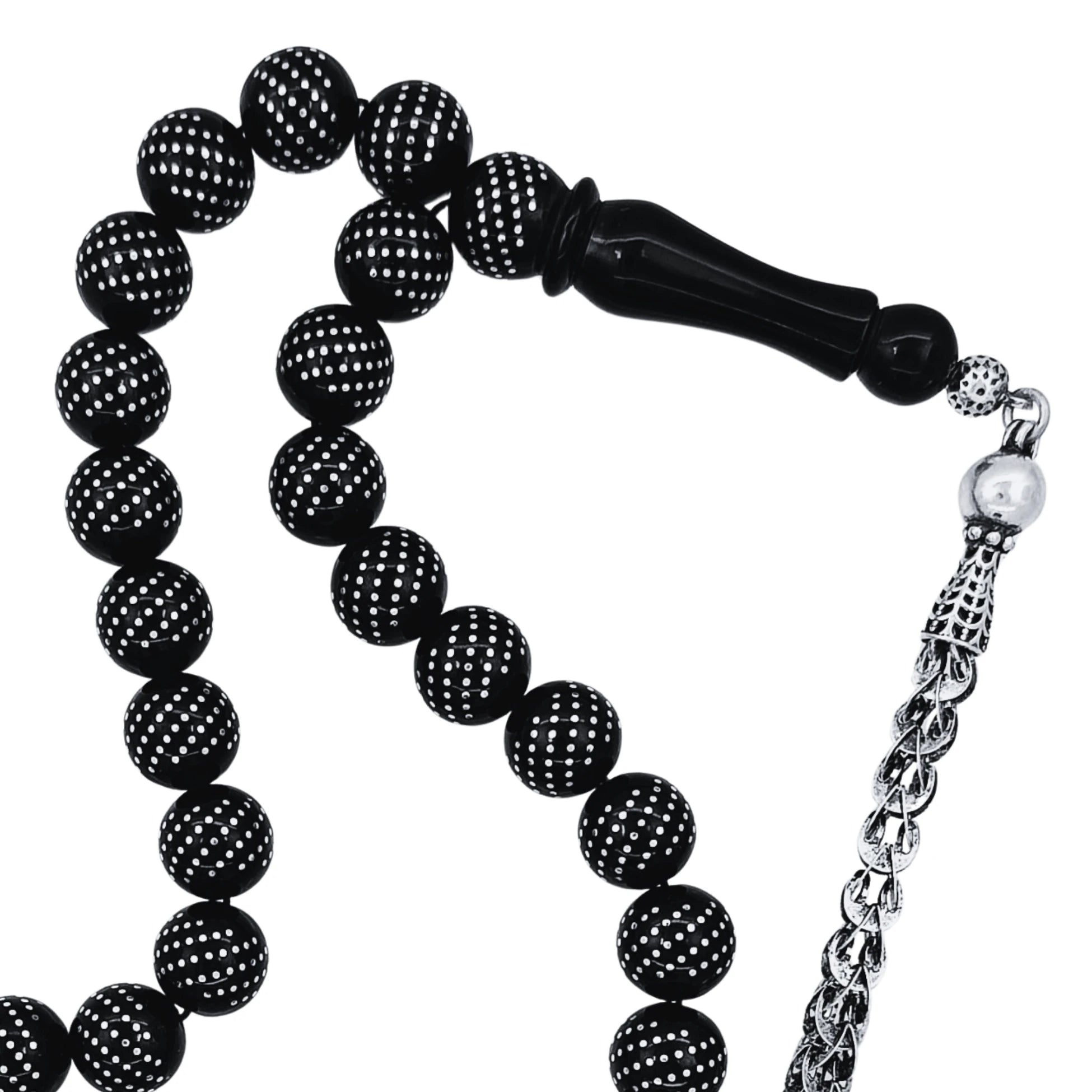 Certified Erzurum Oltu Stone Tasbih with Dense Twist-Pattern Silver Inlay, 10mm