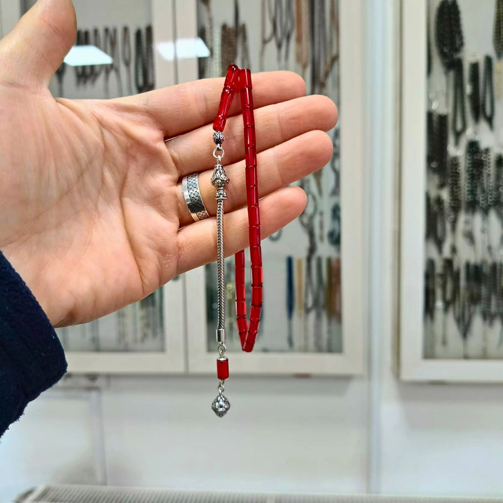 Faceted-Cut Pressed Amber Tasbih with Silver Tassel, 5x8mm