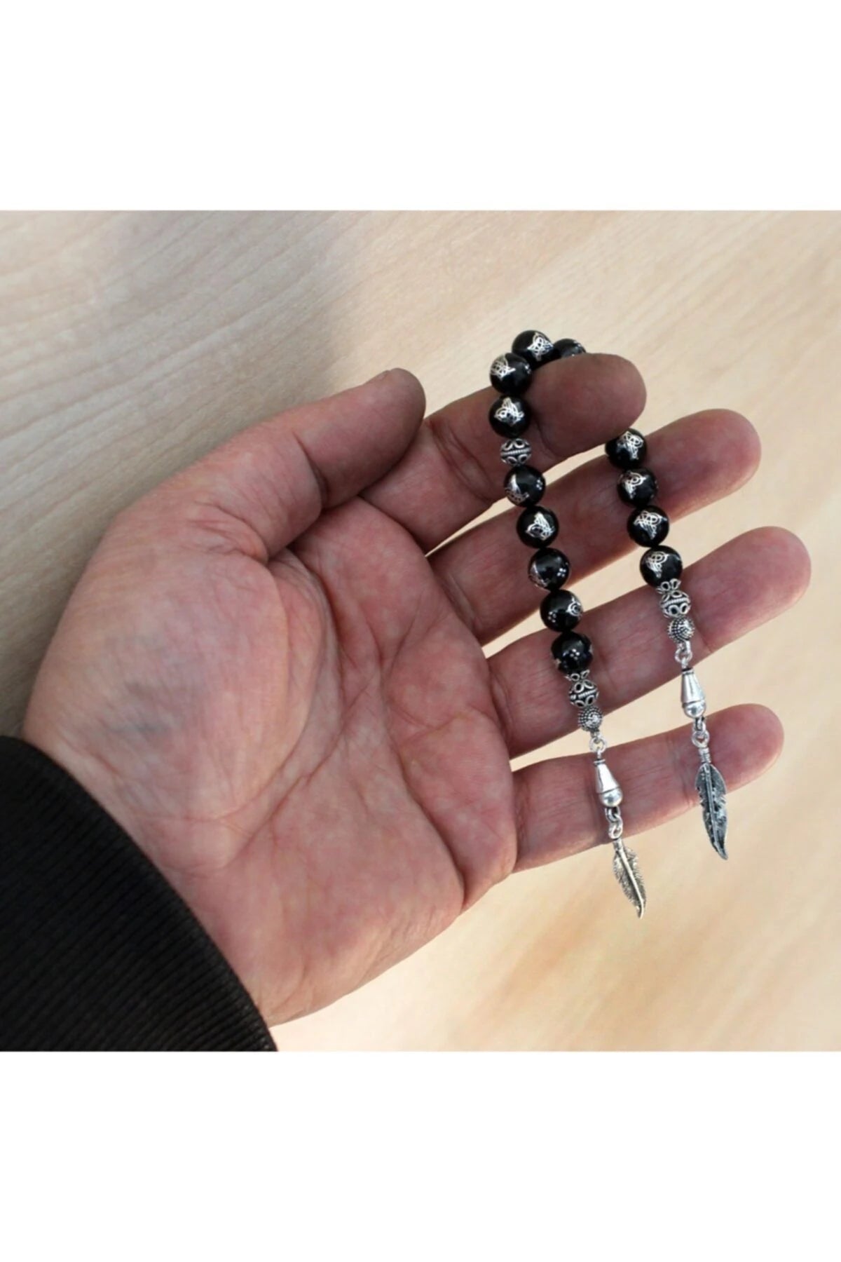 Erzurum Oltu Stone Zaza Tasbih with Tughra Pattern Sterling Silver Inlay, 9mm