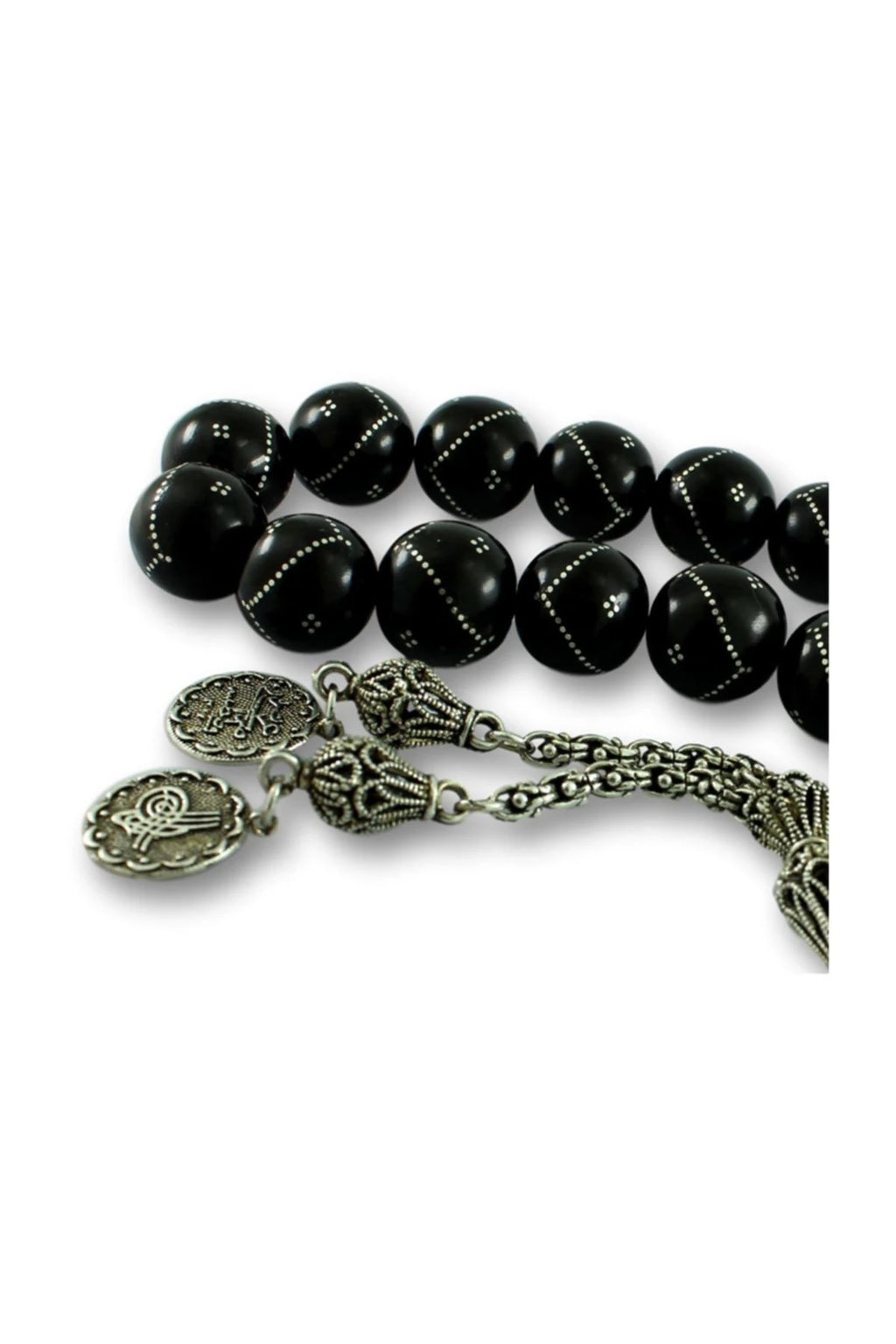 Press Oltu Stone Mascot Worry Beads, Large Bead, Silver-Plated Inlay, 15mm