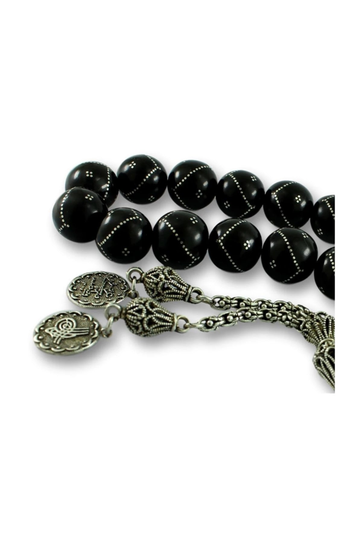 Press Oltu Stone Mascot Worry Beads, Large Bead, Silver-Plated Inlay, 15mm