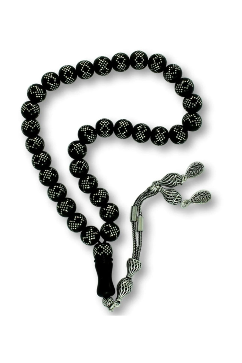 Press Oltu Stone Tasbih with Heavy Silver Inlay, 9mm