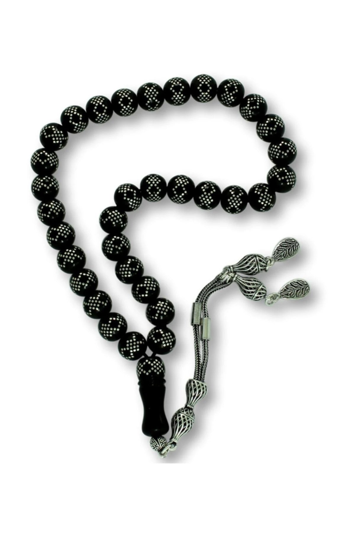 Press Oltu Stone Tasbih with Heavy Silver Inlay, 9mm