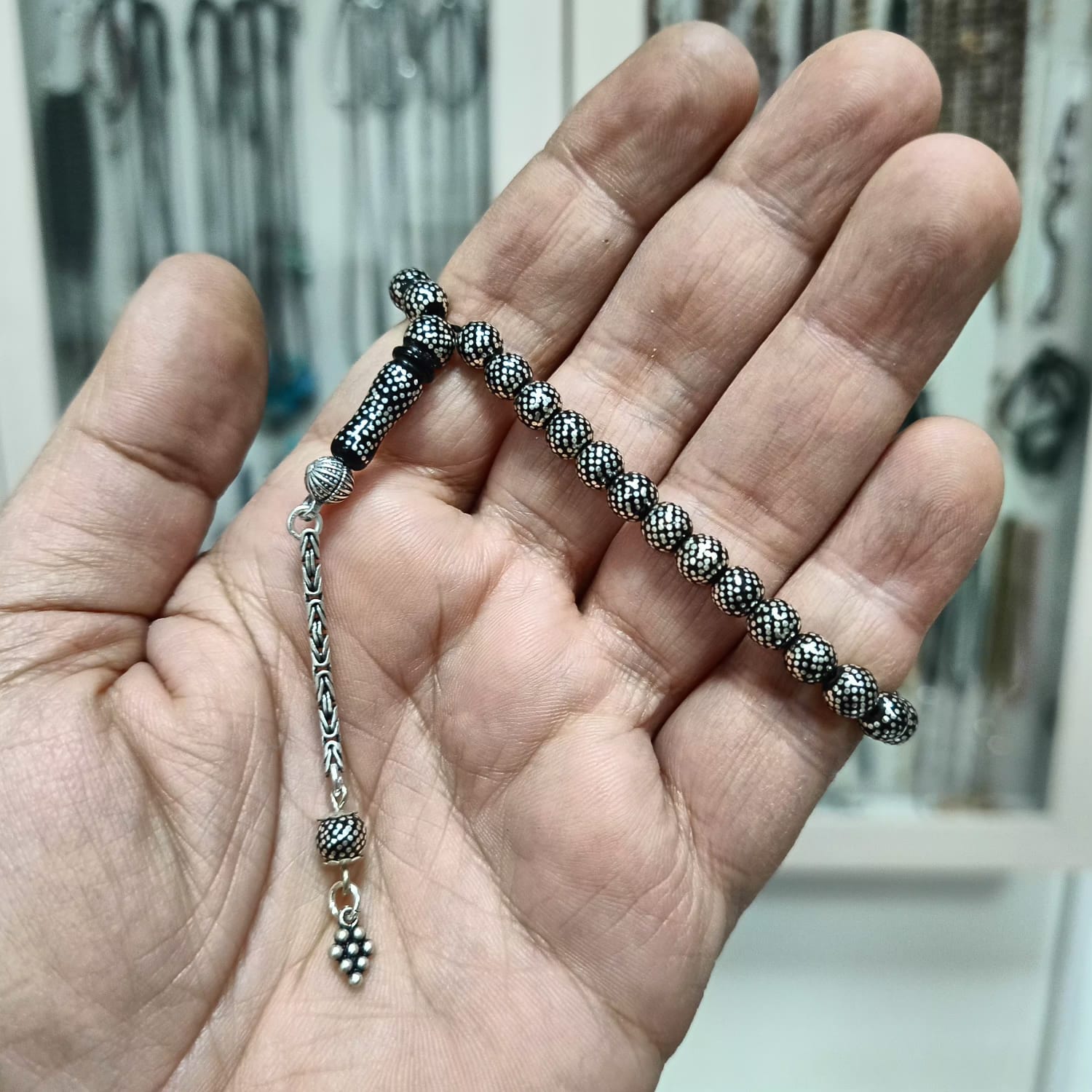 Mini Press Oltu Stone Tasbih with Silver Inlay, 6mm