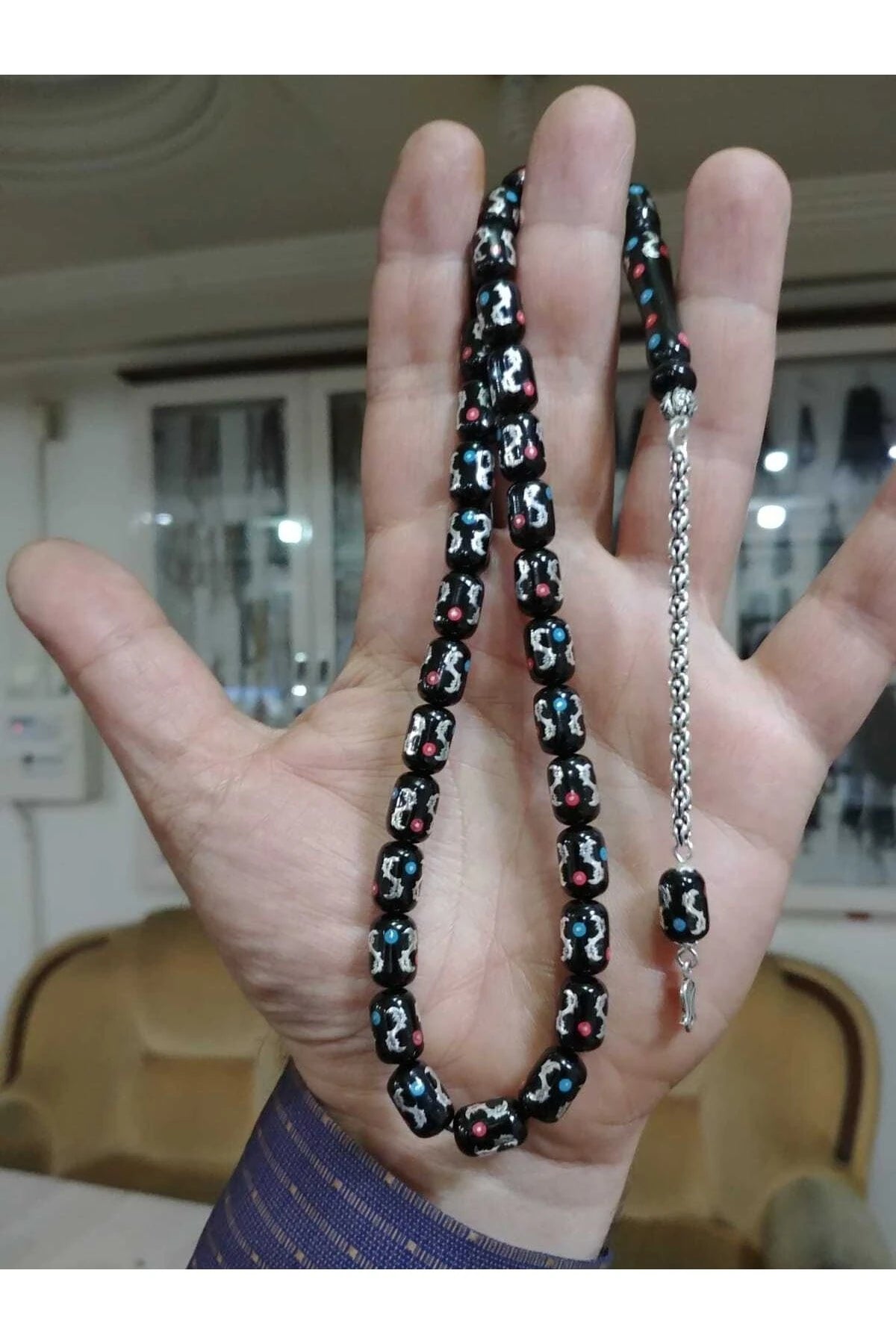 Collector's Edition Oltu Stone Tasbih with Turquoise, Coral & Sterling Silver Inlay