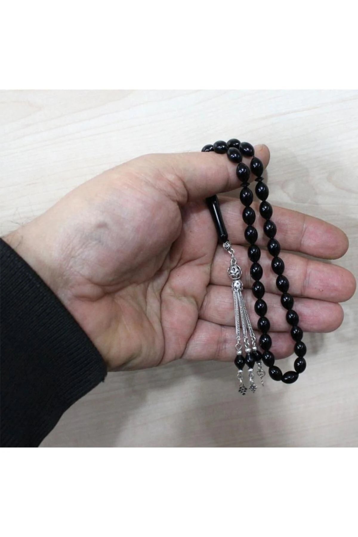 Barley-Cut Certified Erzurum Oltu Stone Tasbih, Plain, with Silver Tassel, 5x8mm