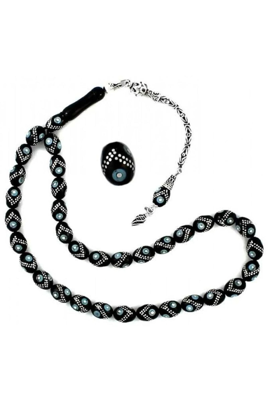 Certified Erzurum Oltu Stone Tasbih with Turquoise & Silver Inlay