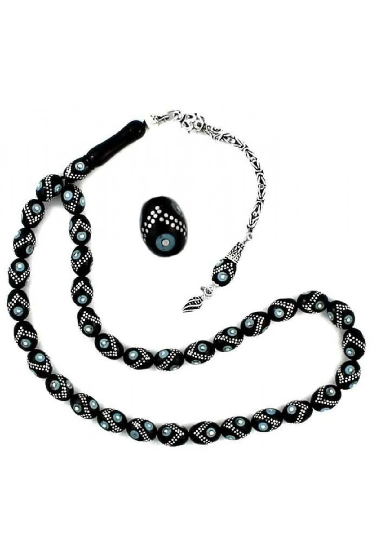 Certified Erzurum Oltu Stone Tasbih with Turquoise & Silver Inlay