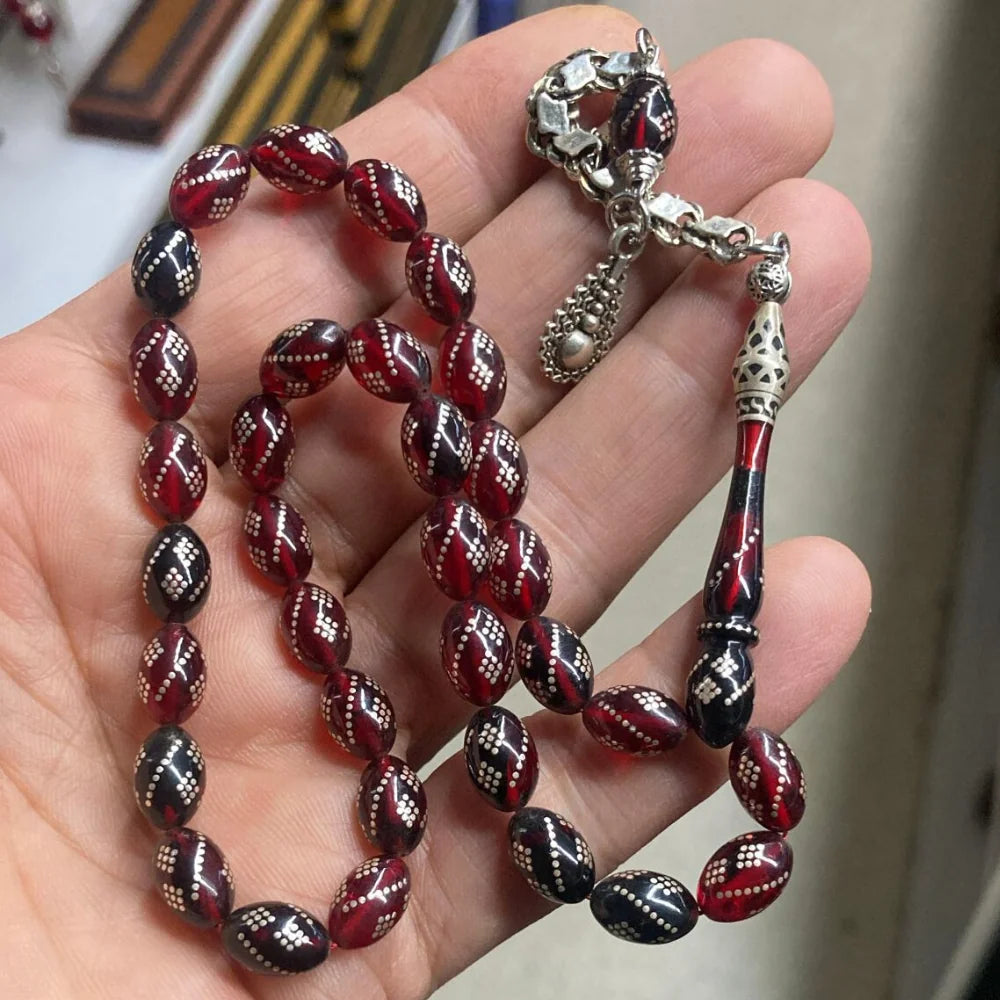 Oval-Cut Pressed Amber Tasbih with Hand-Carved Imame, Silver-Plated, 8x10mm