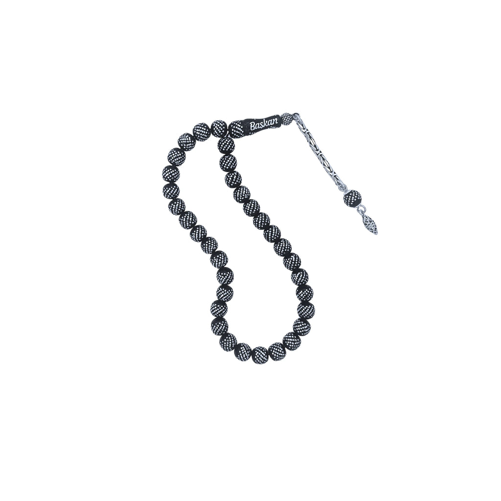 Mini Press Oltu Stone Tasbih with Heavy Silver Inlay, 7mm