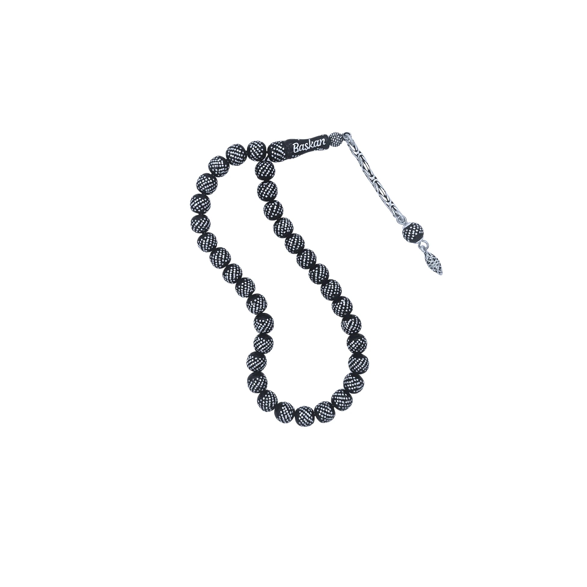 Mini Press Oltu Stone Tasbih with Heavy Silver Inlay, 7mm