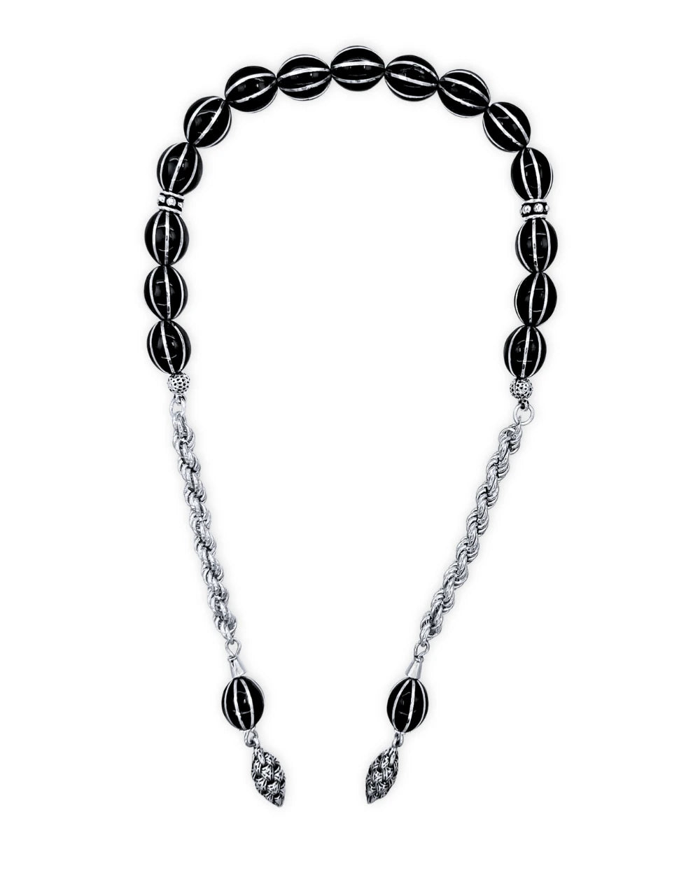 Certified Erzurum Oltu Stone Zaza Tasbih with Silver Melon-Slice Pattern, 36cm
