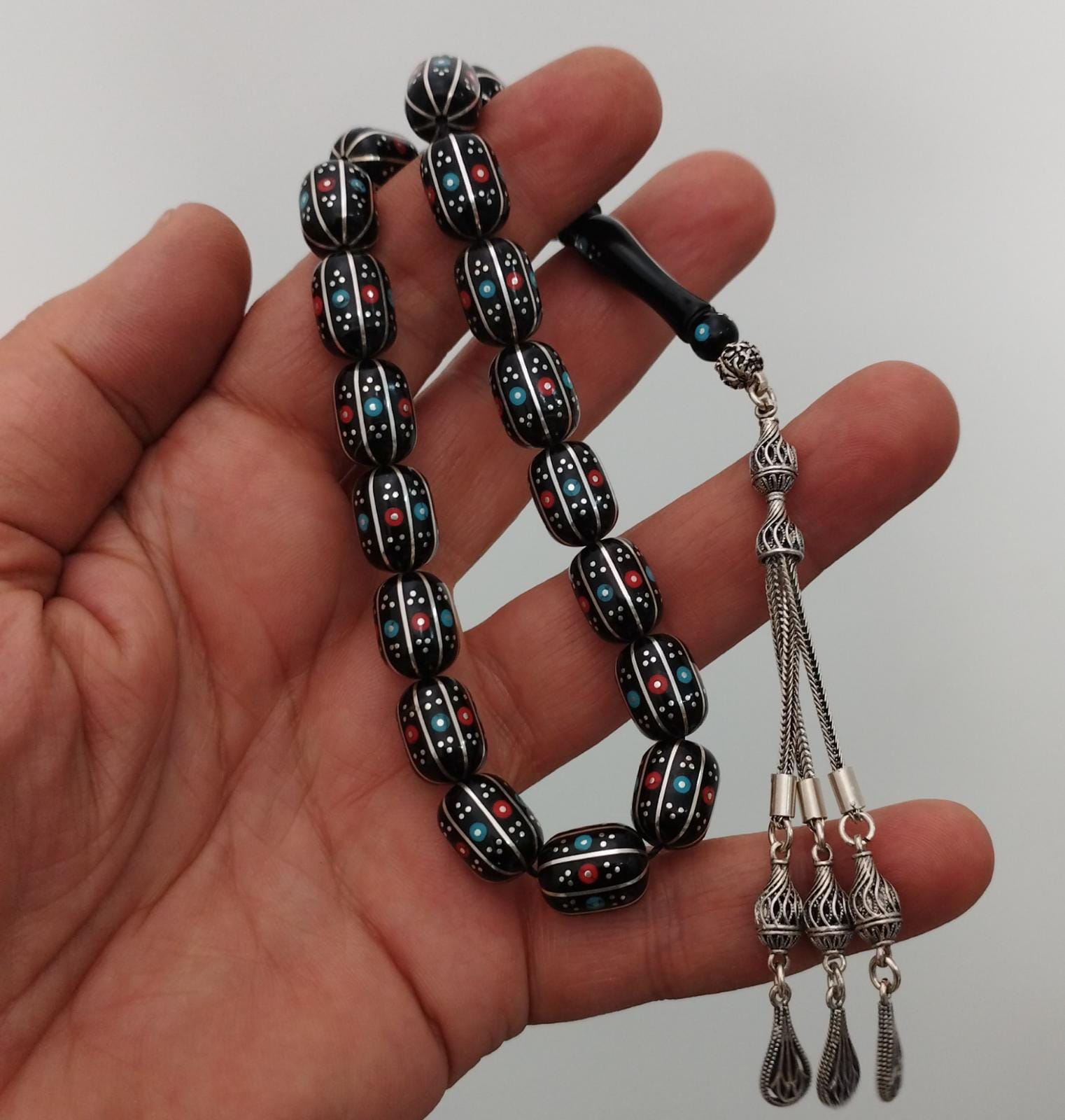 Capsule-Cut Efe Tasbih with Turquoise, Coral & Sterling Silver Inlay