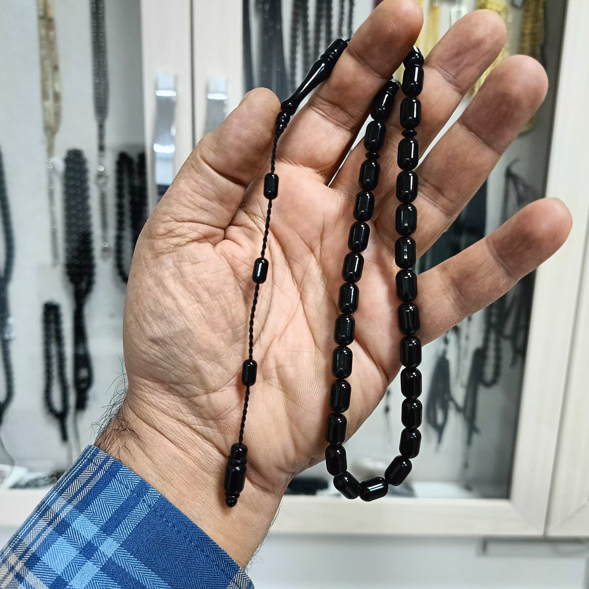 Capsule-Cut Certified Erzurum Oltu Stone Tasbih, 7x11mm
