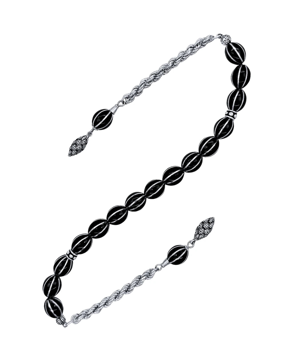 Certified Erzurum Oltu Stone Zaza Tasbih with Silver Melon-Slice Pattern, 36cm