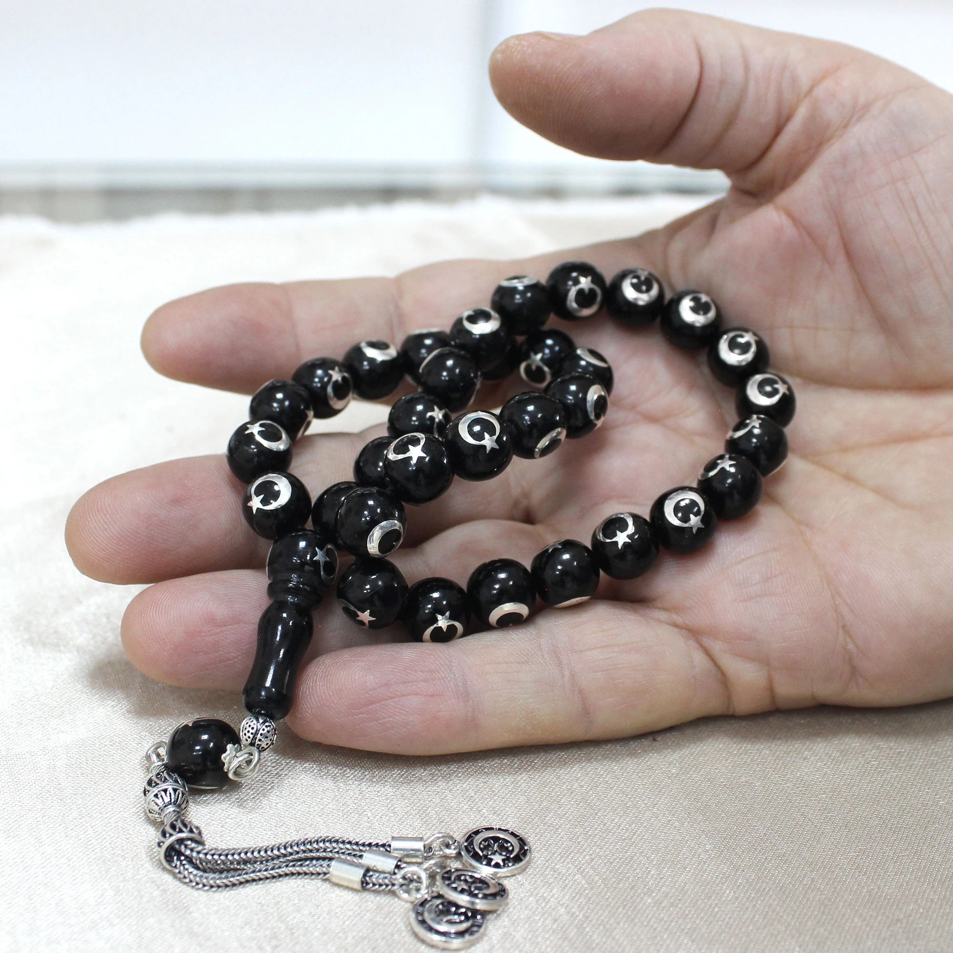 Press Oltu Stone Tasbih with Star-and-Crescent Silver Inlay, 1000-Grade, 10mm