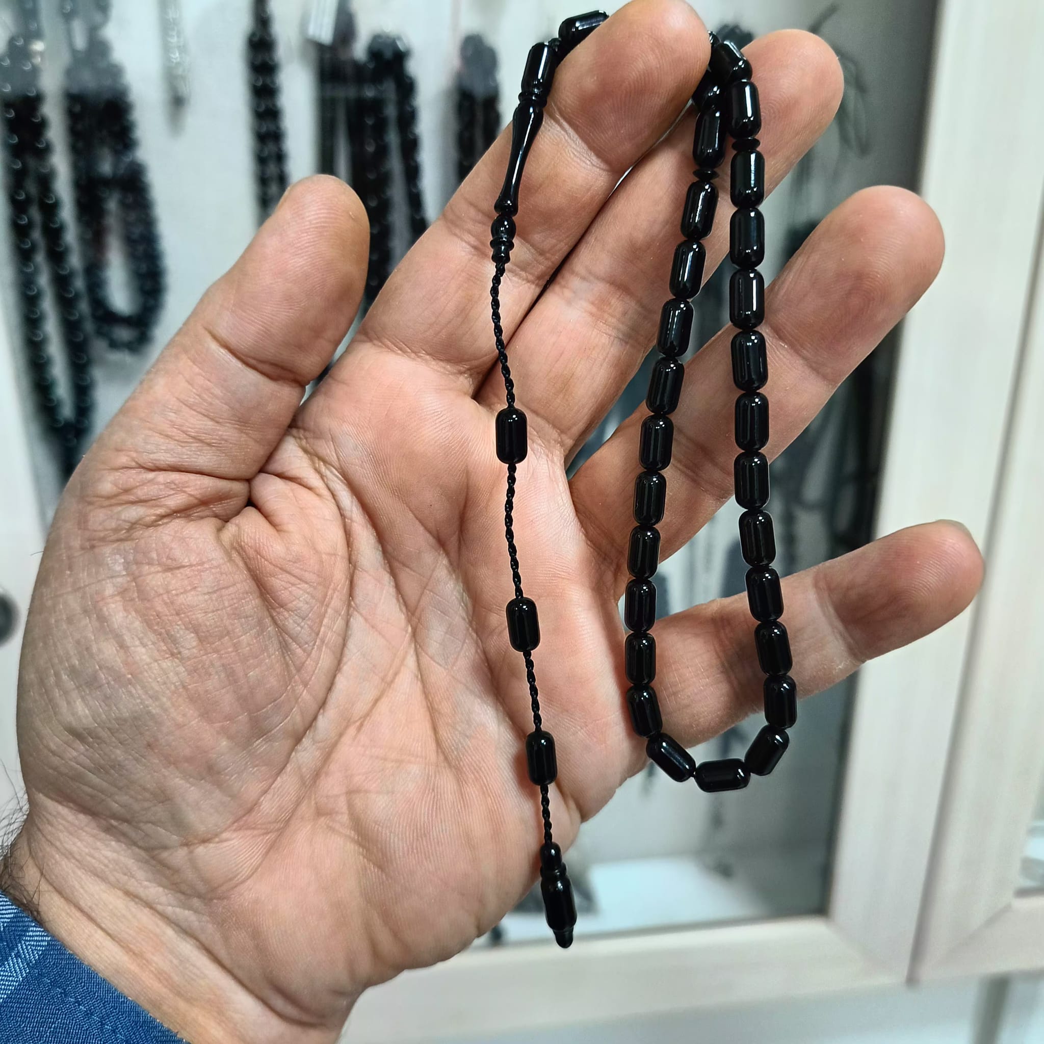 Capsule-Cut Certified Erzurum Oltu Stone Tasbih, Collector's Series, 5x9mm