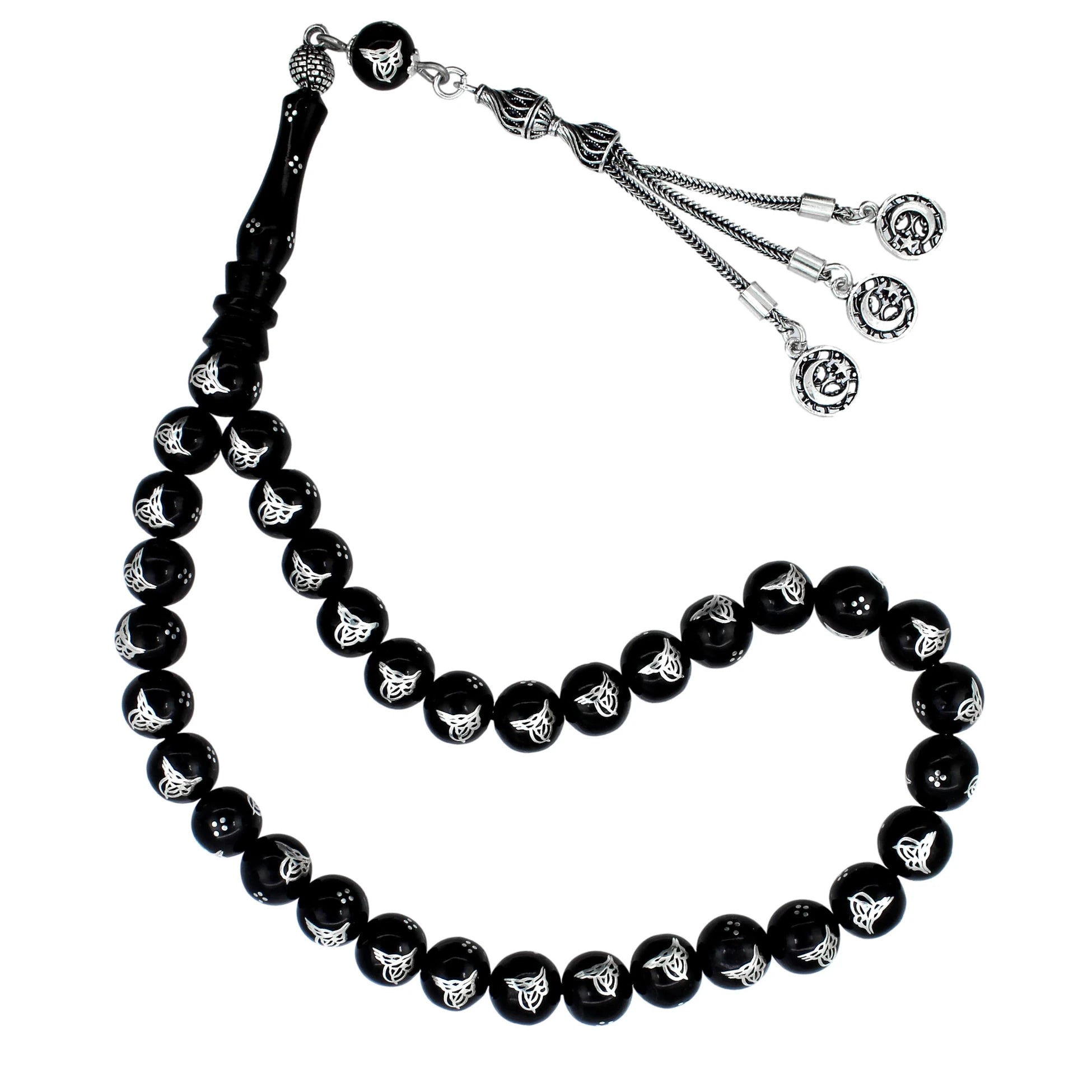 Certified Erzurum Oltu Stone Tasbih with Ottoman Tughra Silver Inlay, 1000-Grade, 9mm
