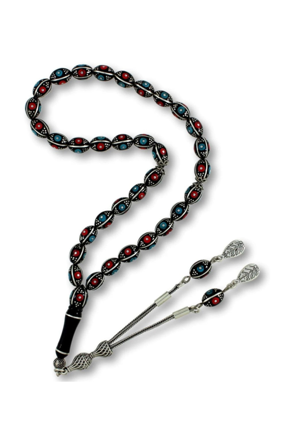 Barley-Cut Certified Erzurum Oltu Stone Tasbih with Turquoise, Coral & Silver Inlay