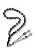 Barley-Cut Certified Erzurum Oltu Stone Tasbih with Turquoise, Coral & Silver Inlay