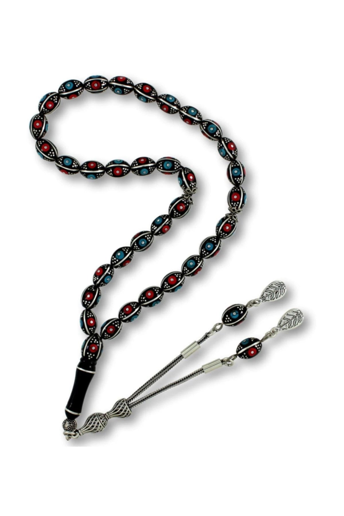 Barley-Cut Certified Erzurum Oltu Stone Tasbih with Turquoise, Coral & Silver Inlay