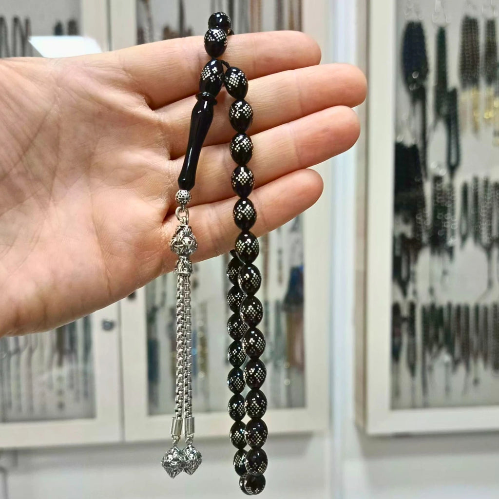 Erzurum Oltu Stone Tasbih with Sterling Silver Inlay & Silver Tassel, 8x11mm