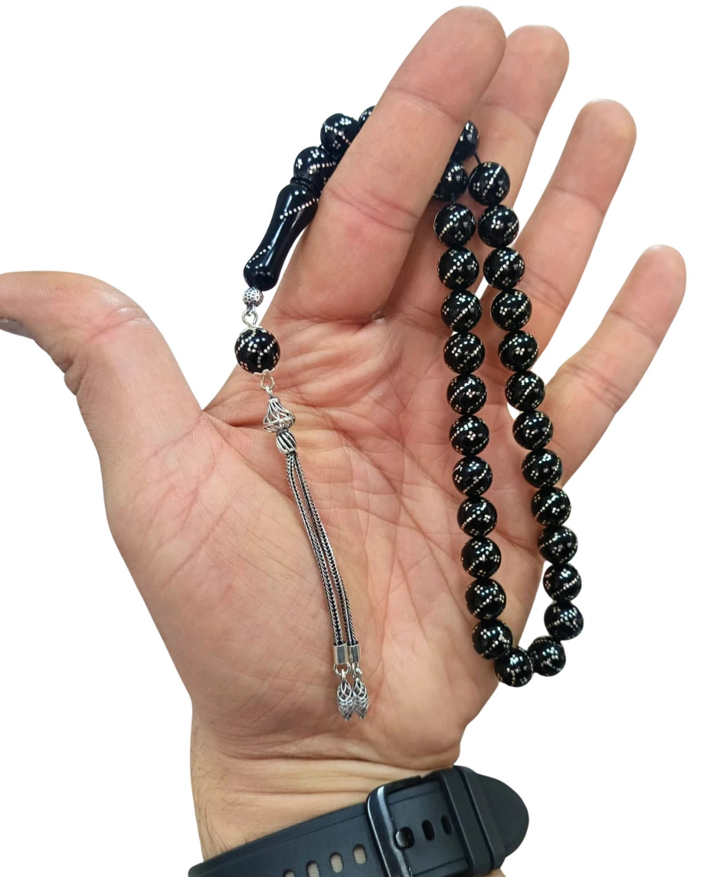 Certified Erzurum Oltu Stone Tasbih with Heavy 1000 Silver Inlay, 10mm