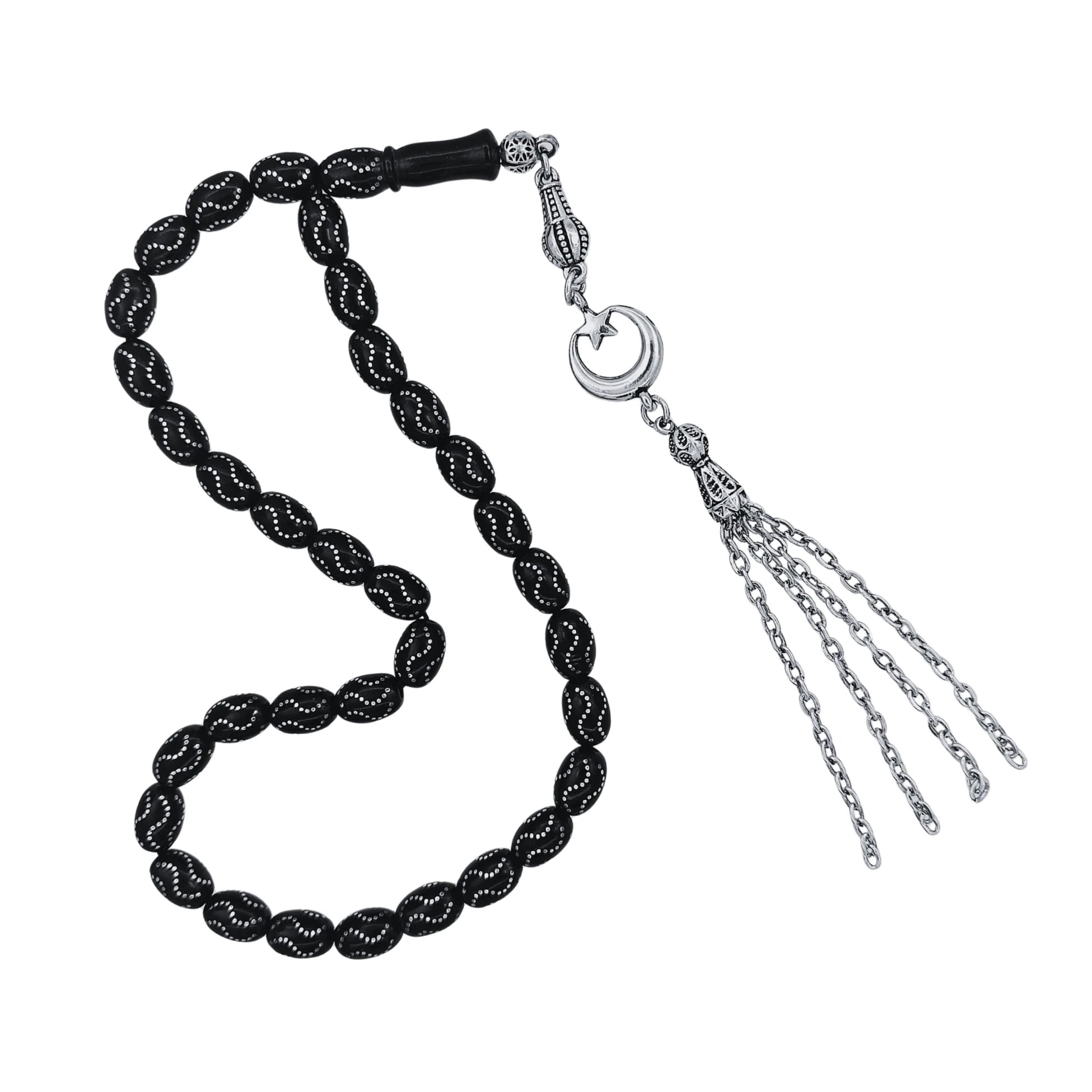 Oval-Cut Press Oltu Stone Tasbih with Silver-Plated Tassel, 8x10mm