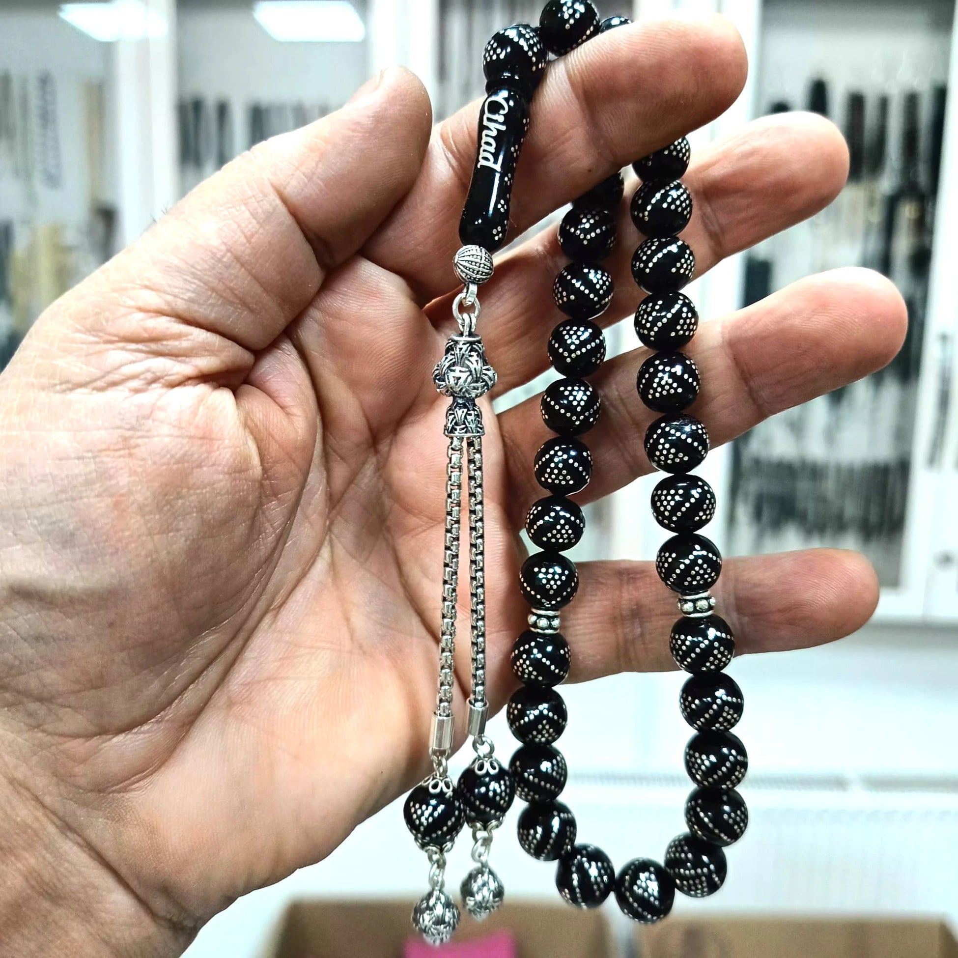 Certified Erzurum Oltu Stone Tasbih with Heavy Silver Inlay & Silver Tassel, 10mm
