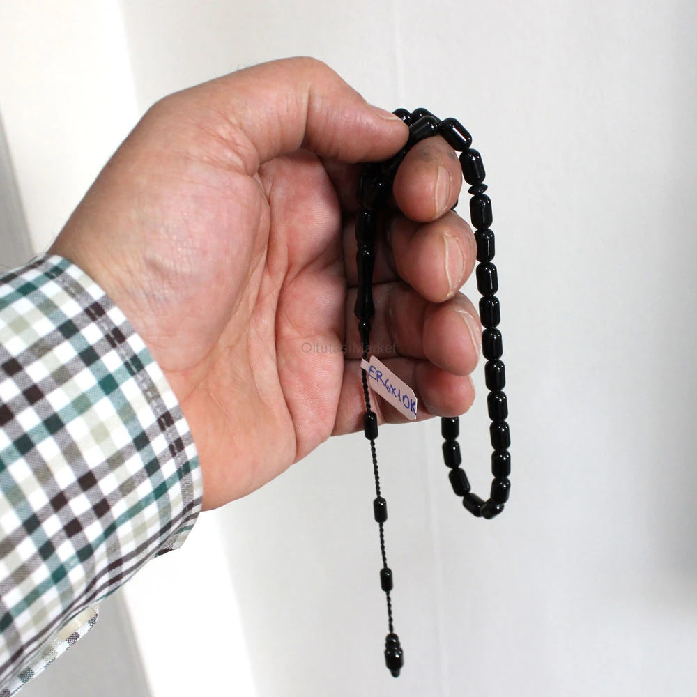 Capsule-Cut Certified Erzurum Oltu Stone Tasbih, Plain, 6x10mm