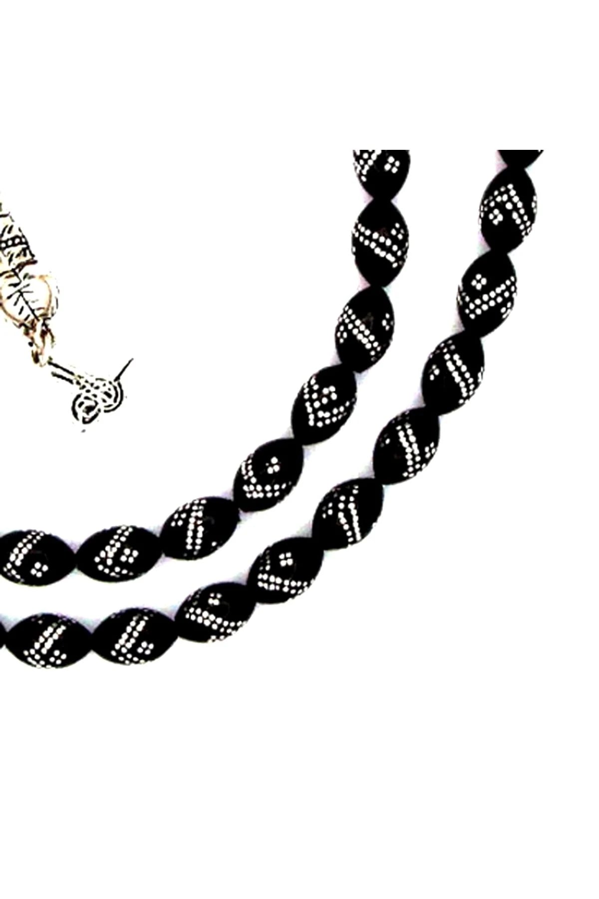 Barley-Cut Certified Erzurum Oltu Stone Tasbih with Double-Row Sterling Silver Inlay, 6x9mm