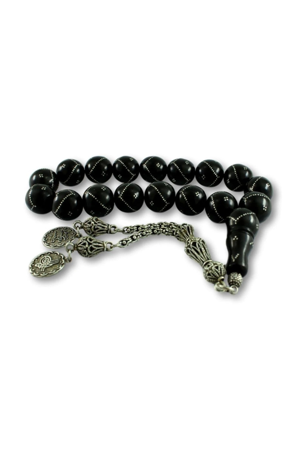 Press Oltu Stone Mascot Worry Beads, Large Bead, Silver-Plated Inlay, 15mm