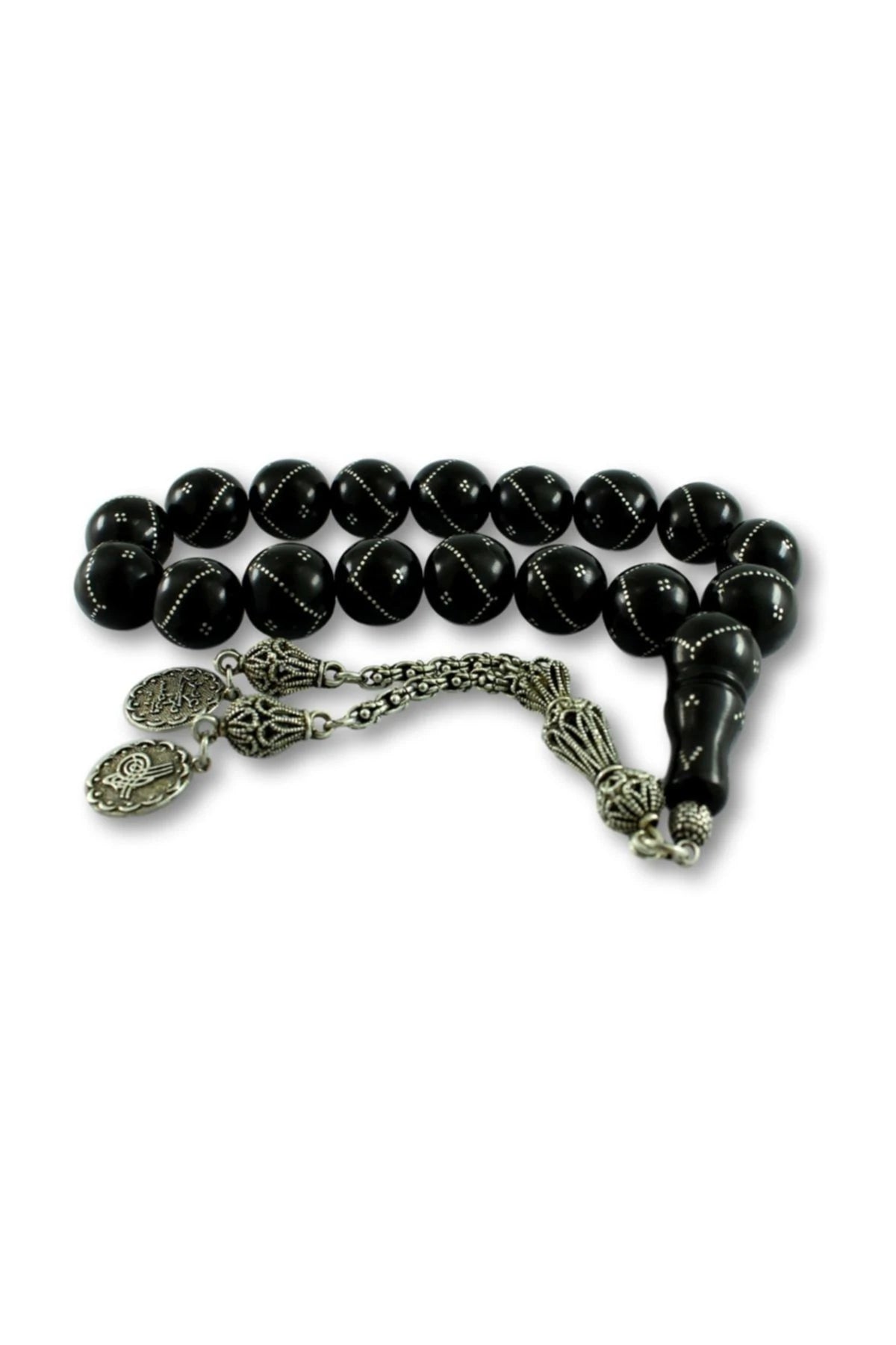 Press Oltu Stone Mascot Worry Beads, Large Bead, Silver-Plated Inlay, 15mm