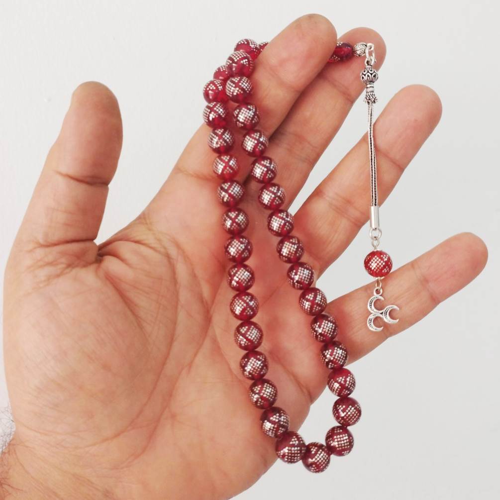 Pressed Amber Tasbih with Pyramid Silver Inlay, Red, 10mm