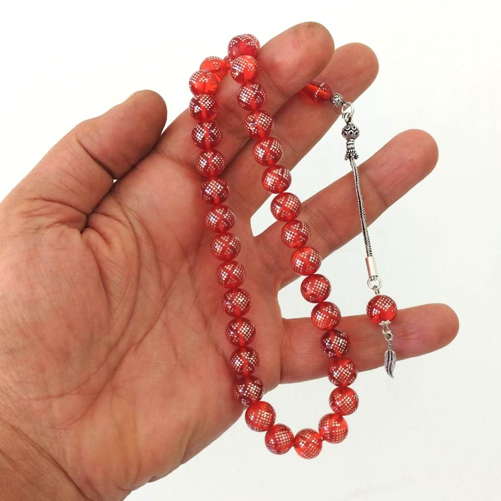 Pressed Amber Tasbih with Pyramid Diamond Silver Inlay, Red, 10mm