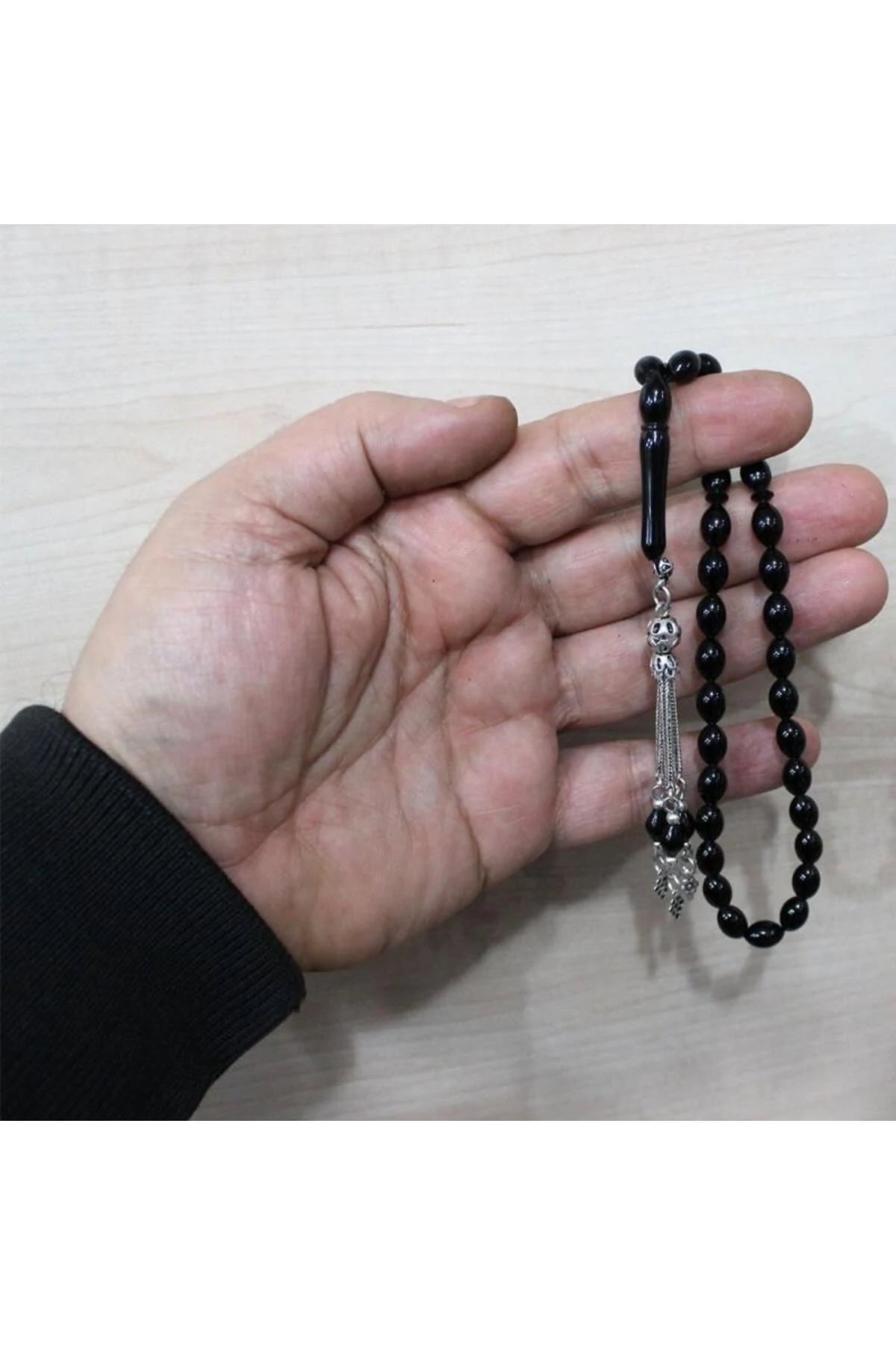 Barley-Cut Certified Erzurum Oltu Stone Tasbih, Plain, with Silver Tassel, 5x8mm