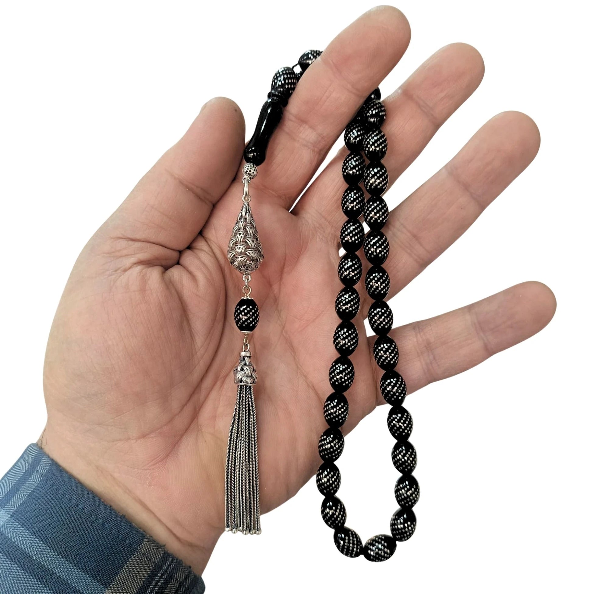 Oval-Cut Certified Erzurum Oltu Stone Tasbih with Dense Twist-Pattern Silver Inlay, 8x11mm