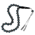 Certified Erzurum Oltu Stone Tasbih with Turquoise & Silver Melon-Slice Inlay, 9mm