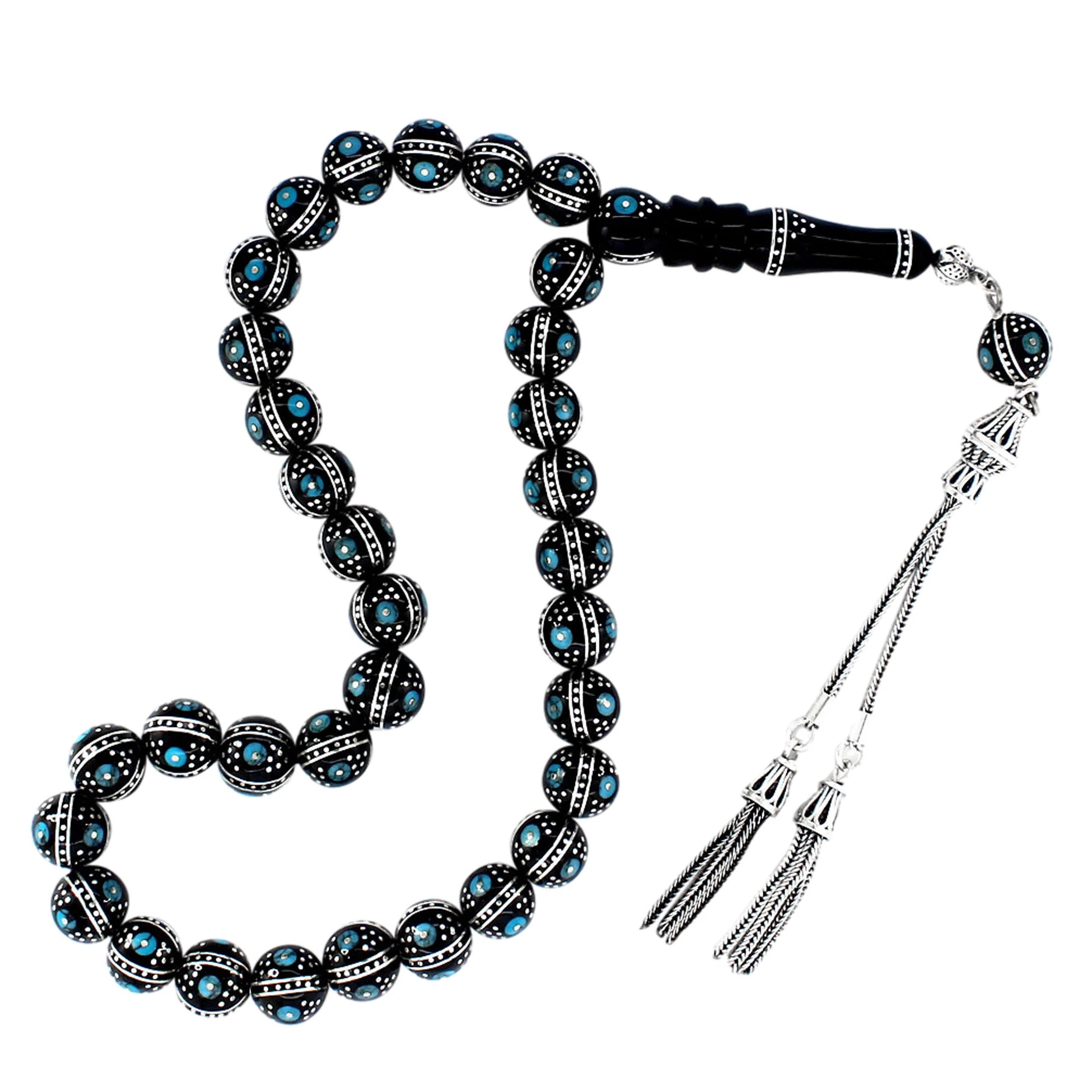 Certified Erzurum Oltu Stone Tasbih with Turquoise & Silver Melon-Slice Inlay, 9mm