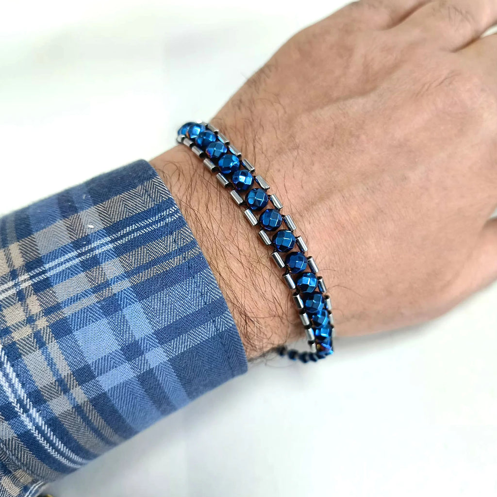 Faceted Blue & Silver Hematite Tasbih Bracelet, 22cm