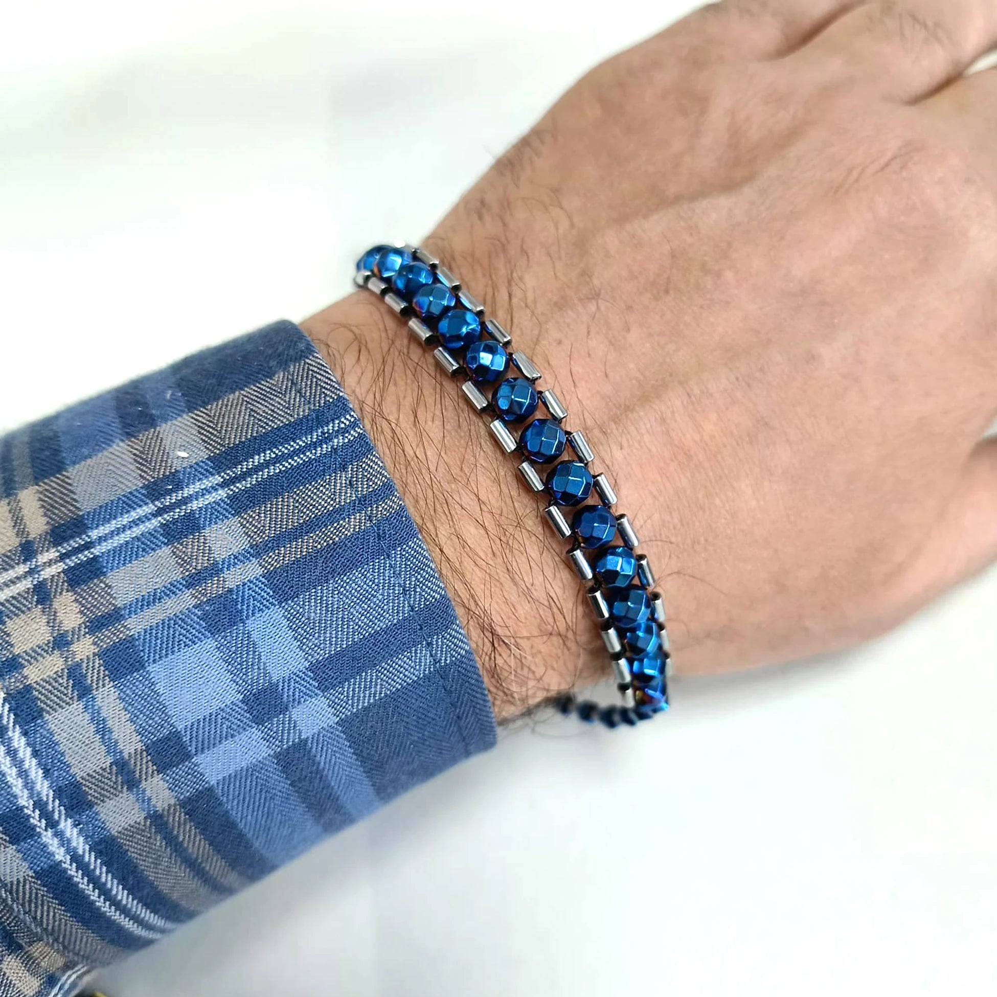 Faceted Blue & Silver Hematite Tasbih Bracelet, 22cm