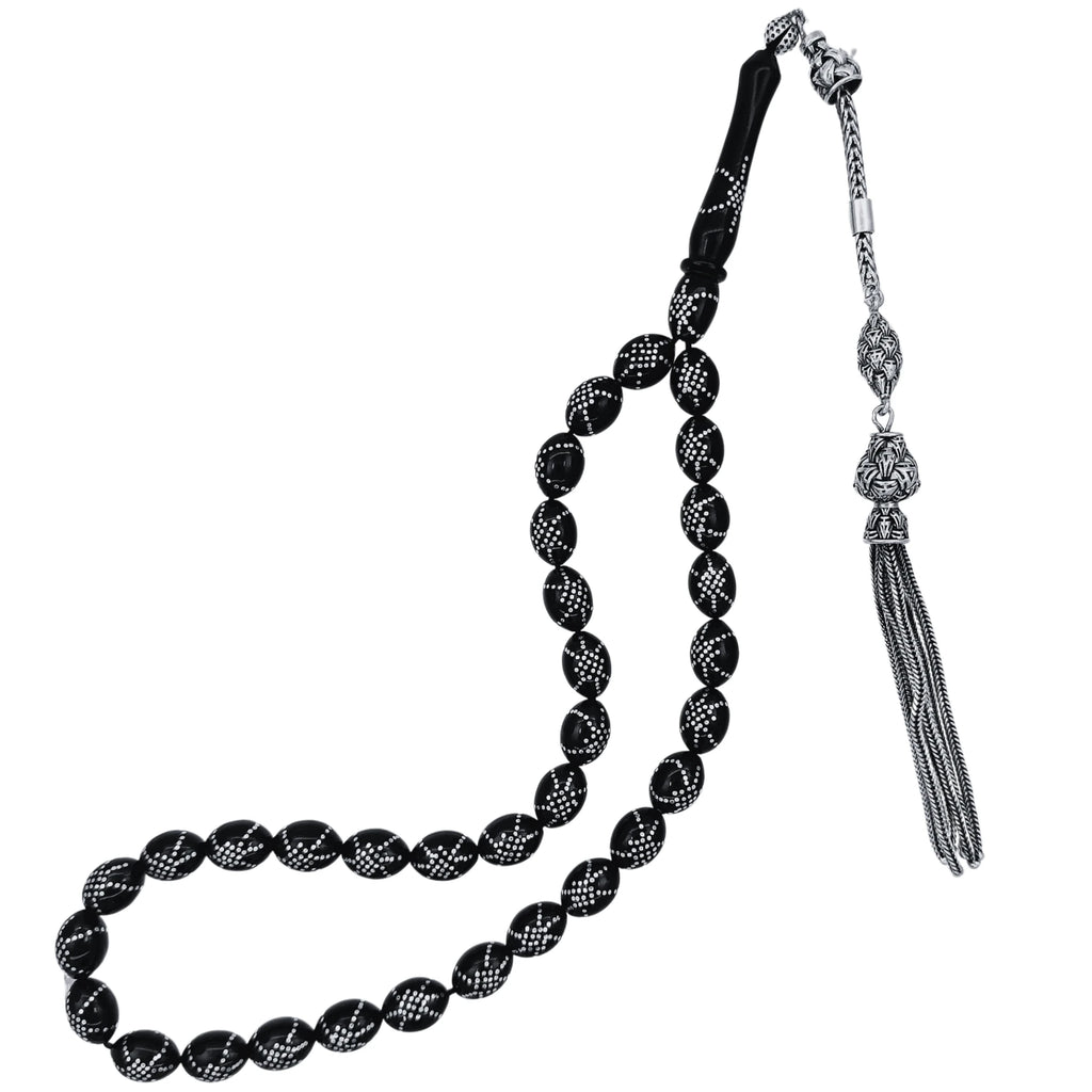 Spiderweb Sterling Silver Inlay Tasbih, Erzurum Oltu Stone, 7.5x10.5mm