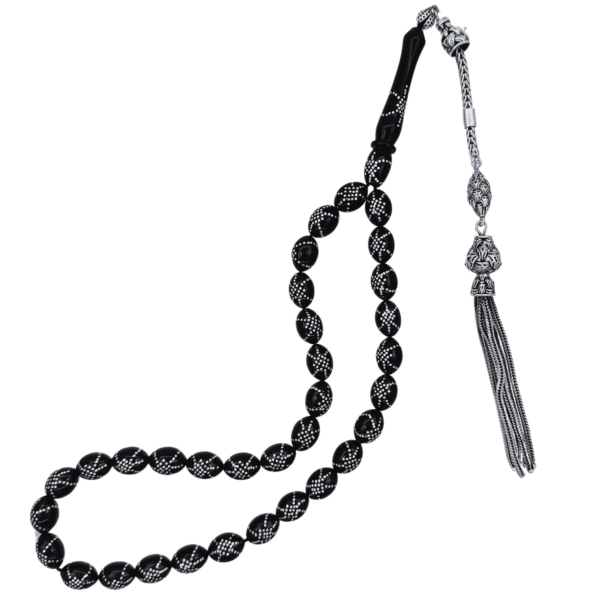 Spiderweb Sterling Silver Inlay Tasbih, Erzurum Oltu Stone, 7.5x10.5mm