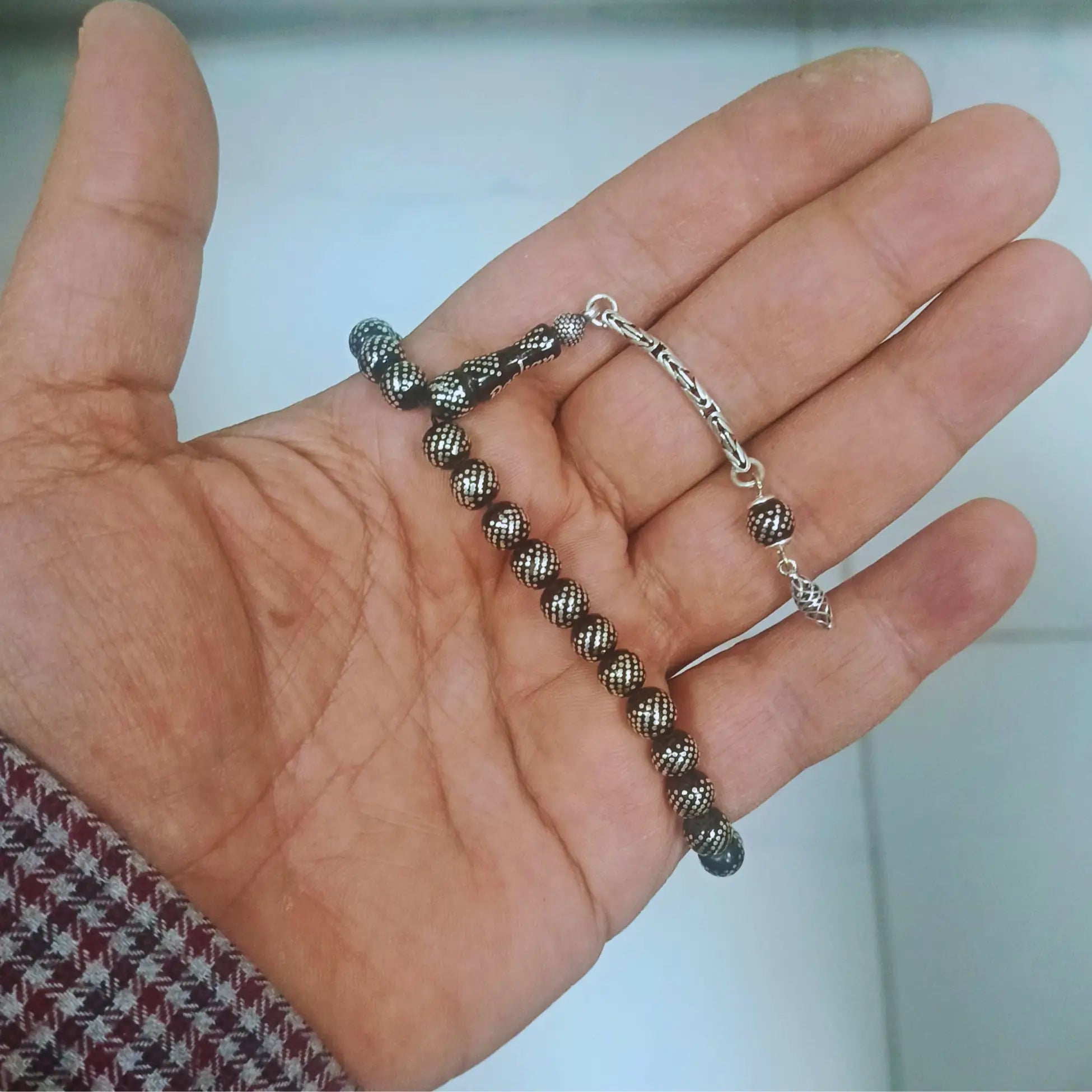 Mini Press Oltu Stone Tasbih with Heavy Silver Inlay, 7mm