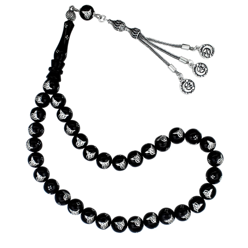 Certified Erzurum Oltu Stone Tasbih with Tughra Silver Inlay, 1000-Grade, 8mm