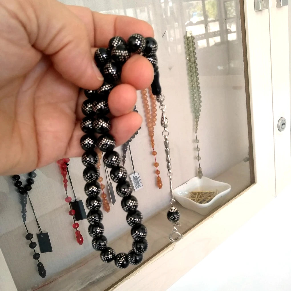 Press Oltu Stone Tasbih with Heavy Silver Inlay, Tarnish-Resistant Tassel, 9mm